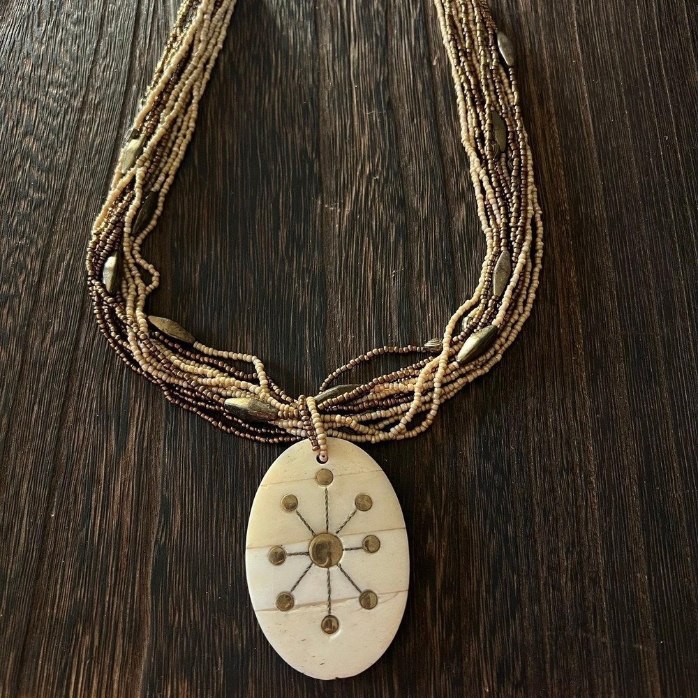 Solar System Pendant Necklace Womens OS Cream Bronze Inlaid Bone Bead